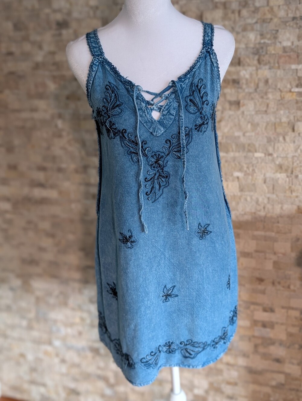 Artisan Embroidered Chambray Denim Micro Mini Dress Tunic Lace Up Boho Festival